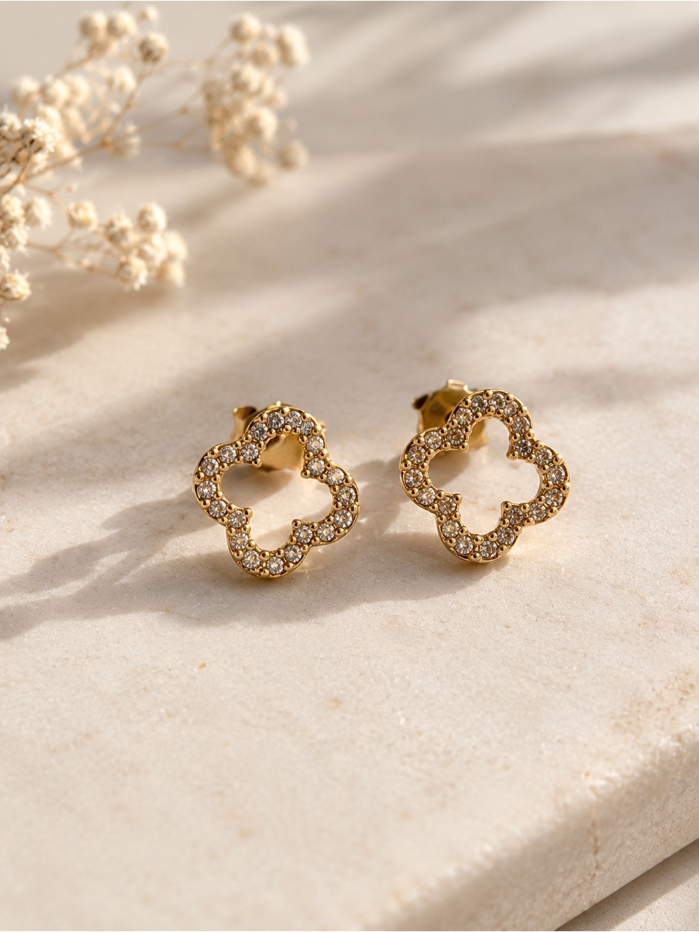 Gold Plated Clover Stud Earrings with CZ | Four-Leaf Flower | Hypoallergenic